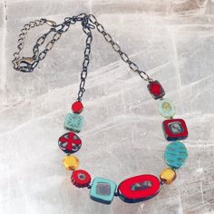 Red, Turquoise and Yellow Czech Glass Bead Necklace Multicolor Round Bead Brass Necklace, Multicolor Round Beads Brass Necklace, Handmade Multicolor Brass Beaded Necklaces, Handmade Multicolor Brass Beaded Necklace, Multicolor Brass Beaded Necklaces As Gift, Multicolor Brass Necklace With Round Beads, Bohemian Czech Glass Beaded Necklaces With Lobster Clasp, Bohemian Glass Necklace With Adjustable Chain, Bead Chain Necklace