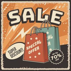 a sale sign with two shopping bags on it