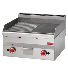 a stainless steel griddle grill with two burners and thermostaer on top