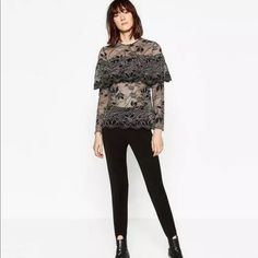 Zara Women Collection Lace Top / Blouse With Frill Brand New Without Tags. No Flaws. Msrp $120 Product Details: Hip-Length Top Long Sleeve Semi Sheer Fabric Large Floral Lace Pattern Large Horizontal Frill Around Back Teardrop With One Button Made With High Class Quality This Blouse Fits True To Size Fabric & Care: 62% Polyamide, 38% Viscose Machine Wash Stretch Lace Top For Fall Party, Fall Party Stretch Lace Top, Elegant Stretch Blouse For Winter, Elegant Lace Top For Night Out In Fall, Chic Silver Blouse For Night Out, Chic Silver Blouse For A Night Out, Elegant Lace Top For Winter, Elegant Winter Lace Top, Fitted Silver Blouse For Evening