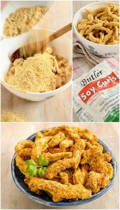 three pictures showing different types of food in bowls and on the same plate, one is fried