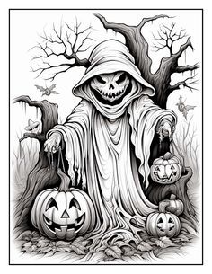 a black and white drawing of a ghost with pumpkins in front of a tree