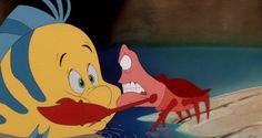 two cartoon characters are in the water with one holding onto another character's nose