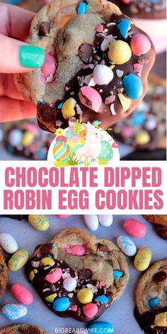 chocolate dipped robin egg cookies with easter eggs and candy on the top one is half eaten