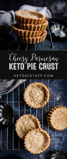 three small pies on a cooling rack with the words cheesey pineapple keto pie crust