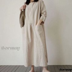 Cotton Linen Long Loose Fit Dress with Stylish Large Pockets - Casual Dress Linen Casual Dress, Simple Kurta, Loose Fit Dress, Cotton Linen Dresses, Linen Casual, Loose Fitting Dresses, Round Neck Dresses, Khaki Dress, Fit Dress