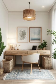 a home office with rattan chairs and wicker baskets in front of the desk