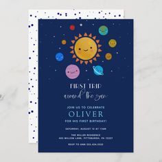 an image of a birthday party card with the sun and planets in space on it