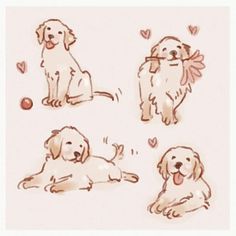 four drawings of dogs with hearts around them