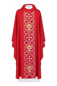 Chasuble embroidered with the symbol of the Cross - red (H153) The chasuble is made of high-quality plain fabric, decorated with rich embroidery with the cross symbol (front and back identical embroidery). All finished with gold satin trim. Available in all liturgical colors. - Turtleneck collar finish, carom version available on a particular order. - Inner stole included. - Vestment length 135 cm (53.1 inches). Fabric: 100% PE. Red Embroidered Chasuble For Church, Traditional Red Chasuble For Ceremonial Use, Priestly Garments, Liturgical Colours, Cross Symbol, Flower Arrangements Simple, Gold Satin, Religious Art, The Cross