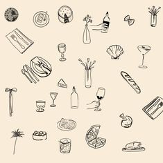 a bunch of different types of food and drinks on a white background, drawn by hand