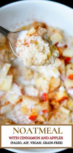 a spoon full of oatmeal with cinnamon and apples