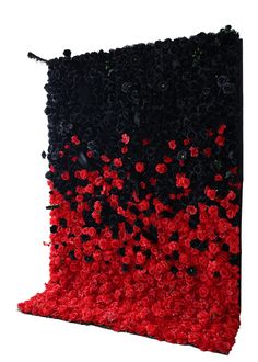 a black and red wall with flowers on the bottom, in front of a white background