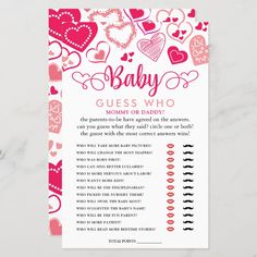 a baby guess game with hearts on the front and pink lettering that says, baby guess who