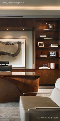 an elegant office with modern furniture and art work