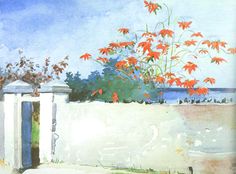 a watercolor painting of red flowers growing out of a white fence next to the ocean