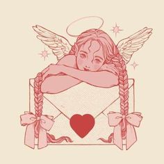 an illustration of a girl with angel wings and a heart on her chest, wrapped in a pink ribbon