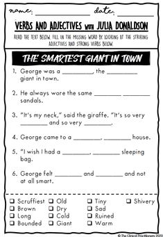 worksheet for reading the smart giant in town by julia donanson, grade 1