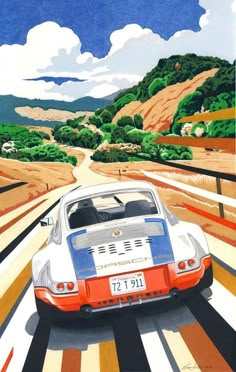 a painting of a car driving down a road with hills in the background and trees on either side