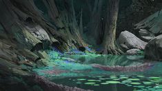 an animated scene of a river surrounded by rocks and water lilies in the foreground