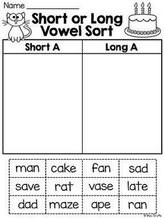 short or long word sort worksheet with pictures to help students learn how to write and