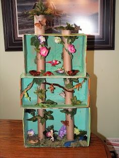 a three tiered display with candles and flowers