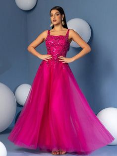 Rosa Fucsia Fiesta Collar sin mangas Tejido Transparente Color combinado,Liso,Estampado Integral A línea Embellished No-Elástico 파티 드레스, Evening Gown Dresses, Pink Party, Vestidos Prom, Women Formals, Pink Parties, Elegant Dresses Long, Evening Gowns Formal, Kids Sleepwear