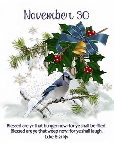 a blue bird sitting on top of a tree branch next to a bell and holly