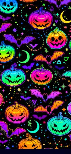 halloween seamless background with pumpkins, bats and stars in neon colors - patterns decorative