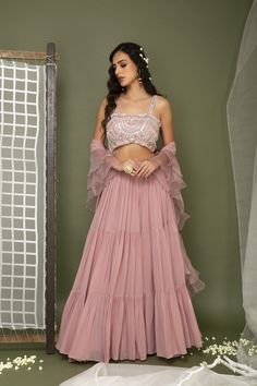 Frill Dupatta Designs, Frill Dupatta, Lavender Lehenga, Tiered Lehenga, Lehenga With Blouse, Sharara Designs, Bandhani Dress, Designer Lehengas, Blue Lehenga