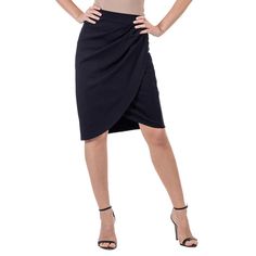 Feminine style abounds in this Women's 24Seven Comfort Elastic Waist Knee Length Tulip Pencil Skirt.Click on this WOMEN'S GUIDE to find the perfect fit and more! Feminine style abounds in this Women's 24Seven Comfort Apparel Elastic Waist Knee Length Tulip Pencil Skirt. Click on this WOMEN'S GUIDE to find the perfect fit and more! FEATURES A-line silhouette No pockets Straight hem No closure - pull-on styling UnlinedFIT & SIZING 26-in. length Midi length hits below the knee Midrise sits on the h Fitted Draped Workwear Skirt, Fitted Draped Skirt For Workwear With Lining, Lined Draped Skirt For Workwear, Black Asymmetrical Pencil Skirt For Work, Chic Draped Pencil Skirt For Work, Black Wrap Pencil Skirt For Workwear, Fitted Black Draped Skirt For Work, Black Pencil Wrap Skirt For Workwear, Black Pencil Wrap Skirt For Work