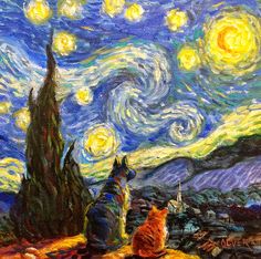 a painting of two cats sitting in front of a starry night