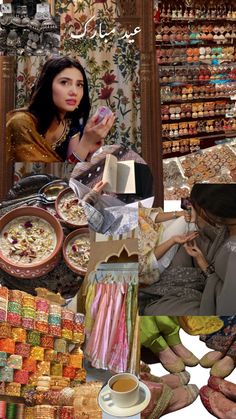 a collage of images with women working on crafts