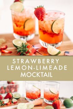 strawberry lemon - limeade mocko cocktail is served in glasses and garnished with strawberries