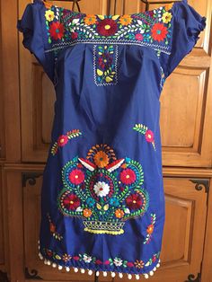 Off shoulder Puebla Mexican dress embroidery ladies womens small medium large xlarge plus bridesmaid Embroidered Short Sleeve Dresses For Traditional Ceremonies, Blue Embroidered Dress For Traditional Ceremonies, Multicolor Floral Embroidered Dress For Traditional Ceremonies, Folk Style Multicolor Embroidered Wedding Dress, Folk Style Wedding Dress With Multicolor Embroidery, Wedding Mexican, Yoke Dress, Mexican Fashion, Mexican Embroidery