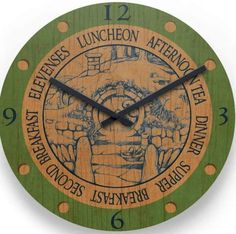 a wooden clock with the words luncheon afternoon and an image of a man on it