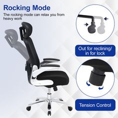 an office chair with adjustable arms and footrests is shown in this ad for rocking mode