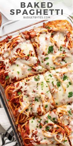 baked spaghetti casserole in a glass baking dish