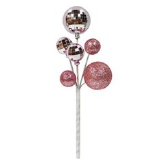 three pink and silver balls on top of a white stick in front of a white background