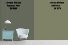 a room with two walls painted green and one has a white chair in front of it