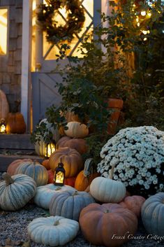 a bunch of pumpkins sitting on the ground in front of a house