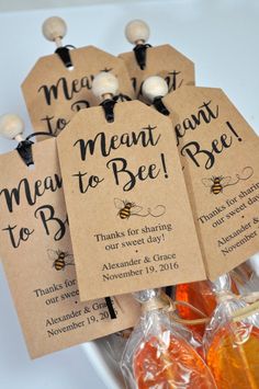 some tags that say meant to bee are on top of jelly candies in cello bags