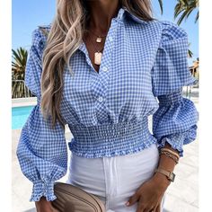 Glamour Vintage, Women Blouses Fashion, Blue Plaid Shirt, Top Shirt Women, Crop Top Outfits, Plaid Blouse, Womens Tops Summer, Chiffon Long Sleeve, Women Long Sleeve Tops