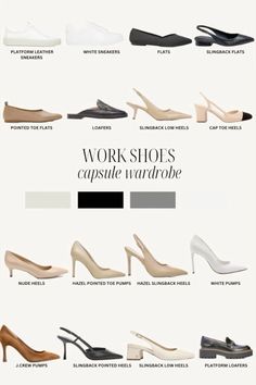 Curate the perfect work shoe collection with these versatile and stylish options! From sleek pointed toe flats to chic slingback heels, this capsule wardrobe has everything you need to stay comfortable and fashionable at the office. Whether you prefer classic loafers or modern platform sneakers, find your new go-to pair here! 👠✨ #WorkShoes #CapsuleWardrobe #OfficeFashion #ShoeCollection #StyleInspo Minimalist Wardrobe Capsule, Work Shoes Women, Fashion Capsule Wardrobe, Shoes Outfit Fashion, Chique Outfits, Fashion Vocabulary, Elegante Casual, Girly Shoes, Classy Work Outfits