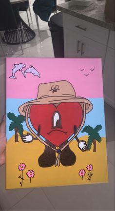 a painting of a heart with a hat on it's head and birds flying around