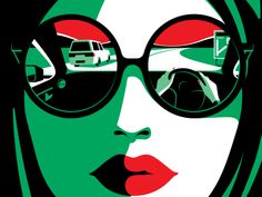 a woman with sunglasses and red lips is shown in the reflection of her face on a green background