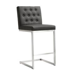 a black leather bar stool with stainless steel frame and buttoned upholstered backrest