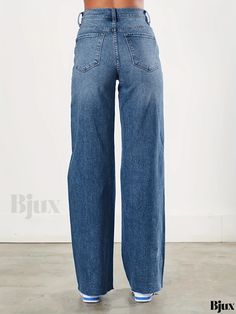 Bjux - Womens Blue Raw-Cut Straight Jeans with Loose Fit and Ripped Holes - Non-Stretch Wide-Leg Casual Denim Pants Non-stretch Full Length Pants With Frayed Hem, Full Length Non-stretch Pants With Frayed Hem, Full-length Denim Bottoms For Fall, Dark Wash Full Length Pants With Frayed Hem, Denim Blue Full-length Pants With Frayed Hem, Dark Wash Full-length Denim Bottoms, Dark Wash Full Length Denim Bottoms, Medium Wash Full Length Pants With Frayed Hem, Light Wash Full Length Bottoms With Frayed Hem