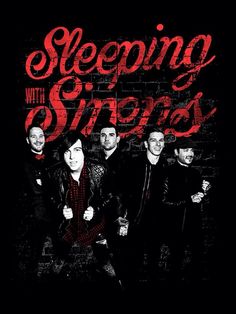 the band sleeping with sirens in front of a black brick wall and red lettering on it