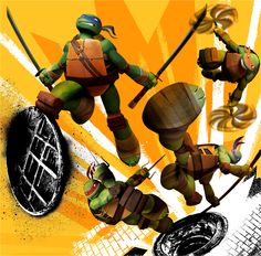 the turtles are playing with each other in front of an orange background and yellow backdrop